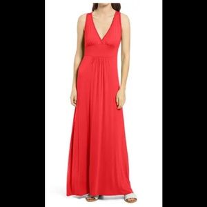 Loveappella V-Neck Jersey Maxi Dress: Red Lipstick